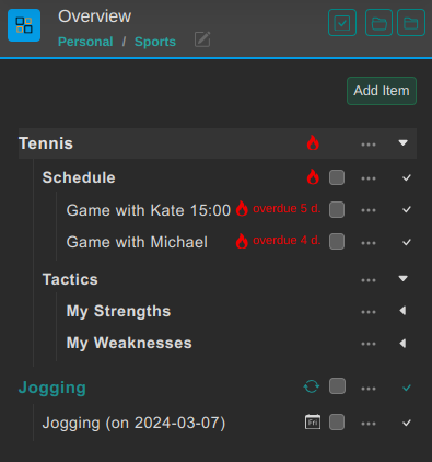 Personal outline sample with Sports workspace selected in TaskScale mobile view
